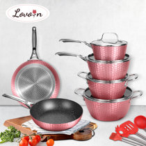 FRUITEAM 10pcs Cookware Set Ceramic Nonstick Soup Pot/Milk Pot/Frying Pans  Set | Copper Aluminum Pan with Lid, Induction Gas Compatible, 1 Year