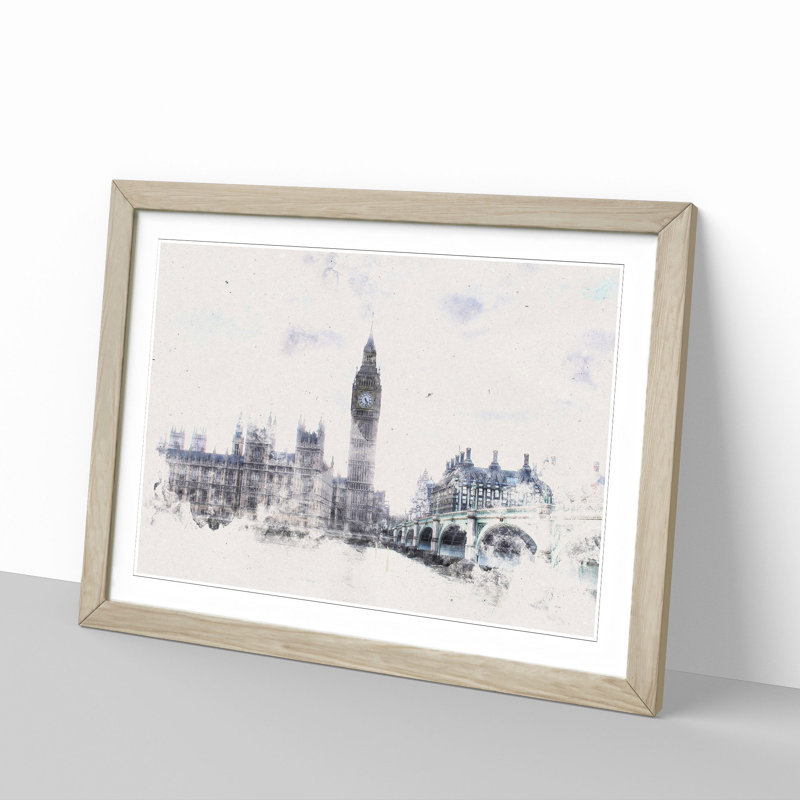 The Houses Of Parliament London Watercolour - Single Picture Frame Print on MDF, Oak Framed, 40cm H x 60cm W x 2cm D