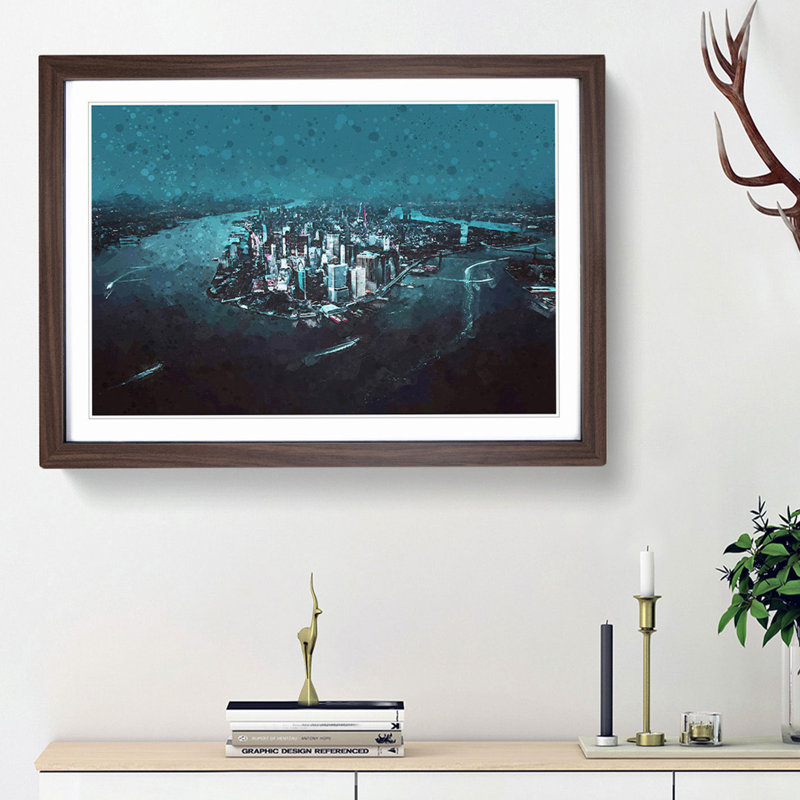 Skyline of New York at Night in Abstract - Picture Frame Graphic Art Print, 27cm H x 36cm W x 2cm D, Walnut Framed