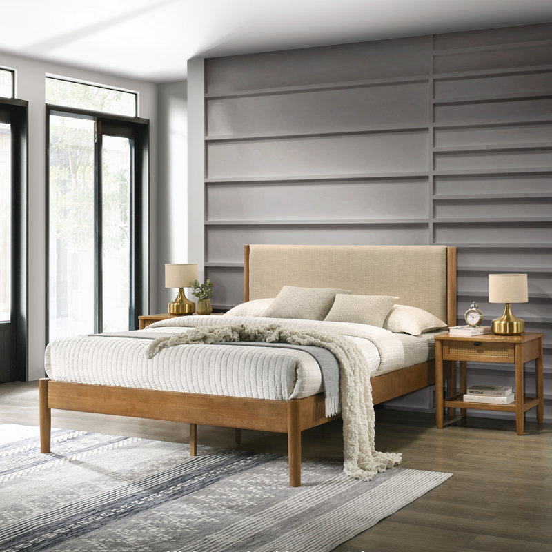 Grand lit d'hévéa en noyer d'hévéa, tête de lit confortable pour un bon lit plateforme - Revêtement respirant et sommeil frais