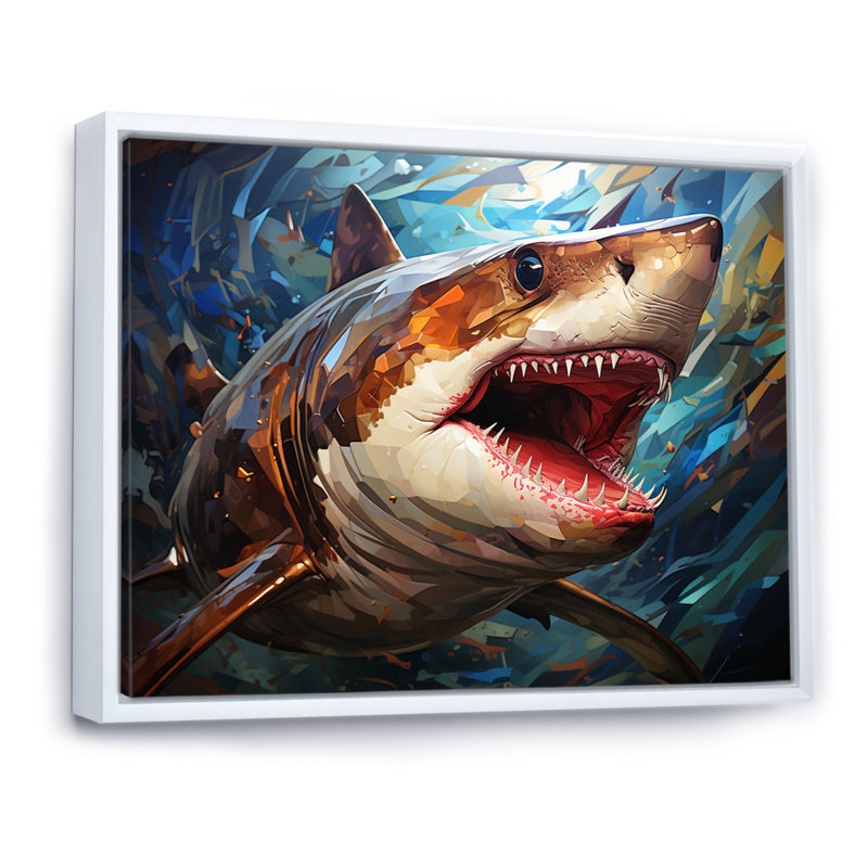 «Blue Shark Predators Glare Geometric II», reproduction d'art sur toile, Cadre flottant blanc, 34" H x 44" W
