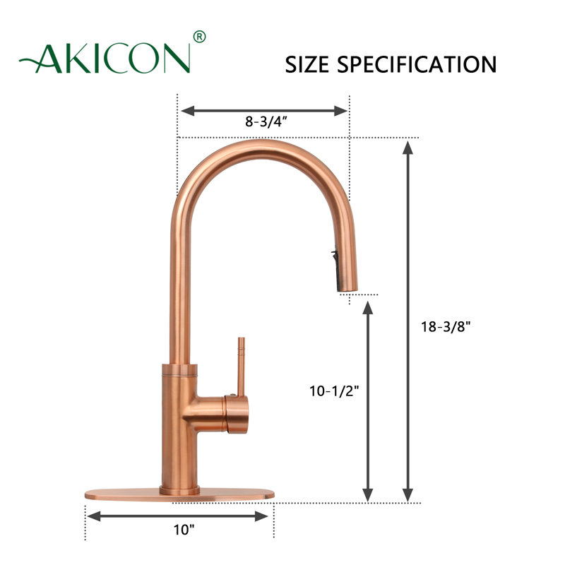 Pull Down Kitchen Faucet with Single Handle and Deck Plate, Copper