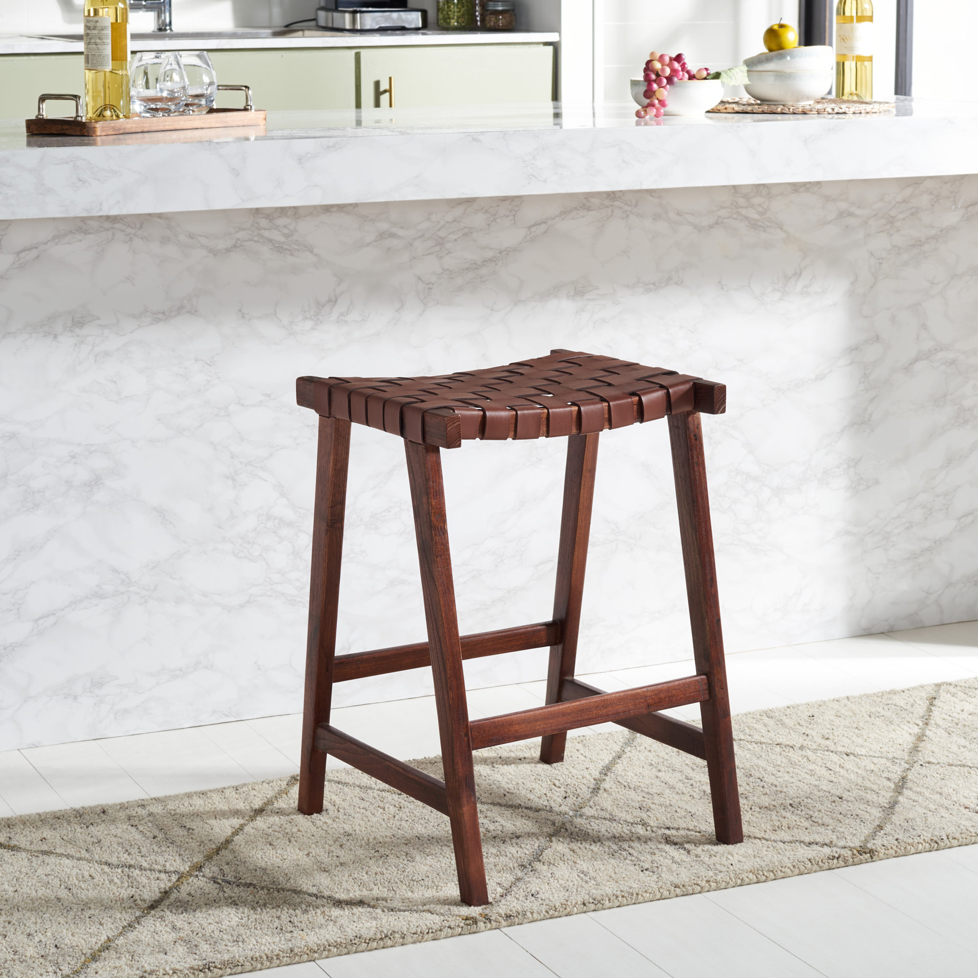 Alston Backless Leather Bar & Counter Stool, Natural, Counter Stool (26.77” Seat Height), Black