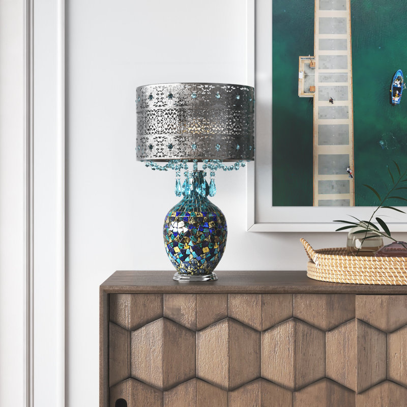 Lampe de table mosaïque turquoise et argent H 22 "Betton