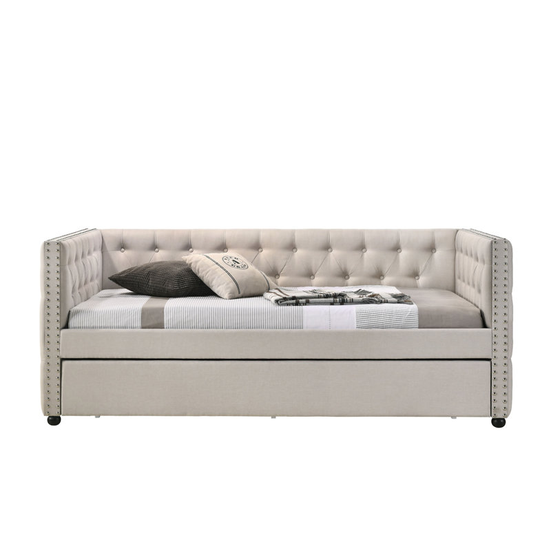 Romona Beige Fabric Daybed W/Trundle, Beige, Full/Double