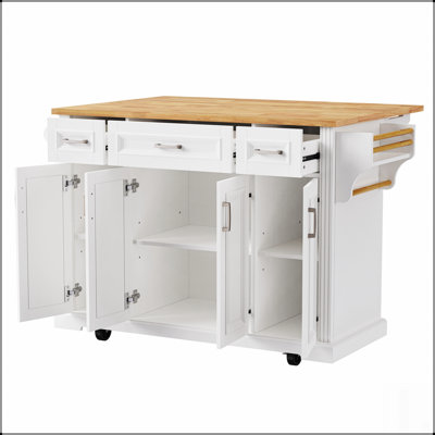 Grand îlot de cuisine de 54 pouces avec abattant en bois d'hévéa, chariot roulant sur 4 roues, 4 portes, 3 tiroirs et beaucoup de rangement pour la cuisine et la salle à manger