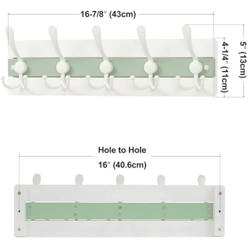 Coastal Wall Mounted Coat Rack - 16-7/8" Beach House Entryway Wooden Coat Hook with 5 Hooks for Hanging Coats, Hats or Towels, Oceanfront Cottage Core Collection, White & Green