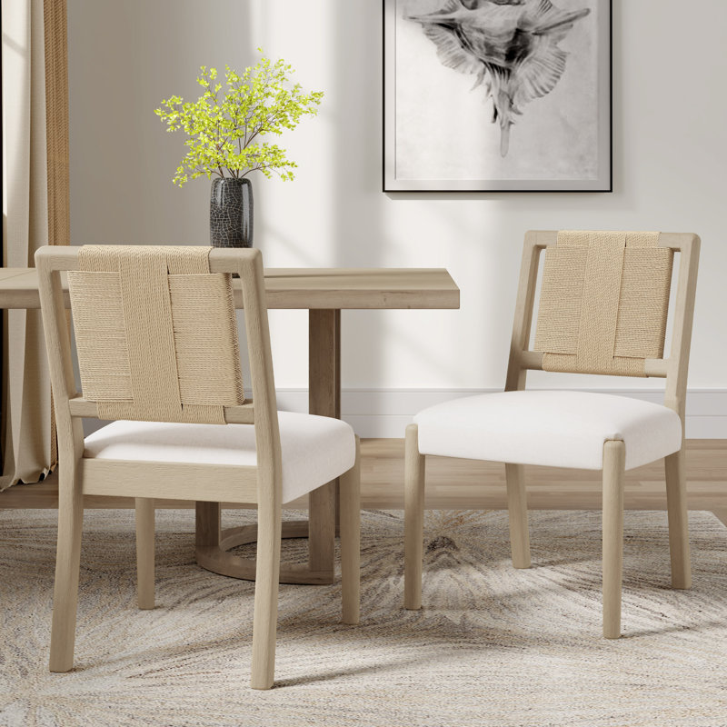 Modern Scandinavian Woven-Back Upholstered Dining Chair, White Cushion/Light Ash Frame