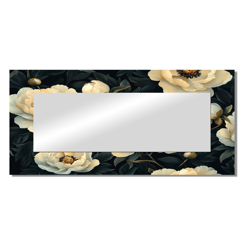 Black Beige Midnight Peonies II - Floral Mirror For Wall Art Decor - Printed On Metal, 28" x 60"