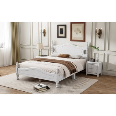Full Size Wood Platform Bed Frame, White, With Classic Retro Flair And Slats Stylish White Retro Wooden Slat Foundation