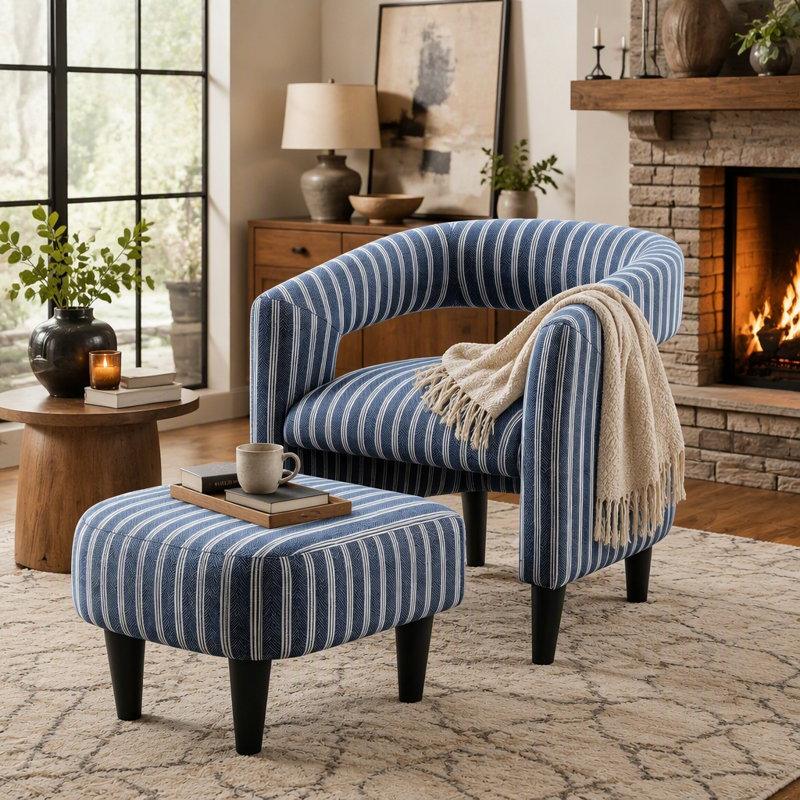 Chaise d'appoint Coastal Pinstripe avec repose-pieds, fauteuil de lecture incurvé et confortable avec pieds en bois massif et fauteuil rembourré compact pour le salon de la chambre à coucher