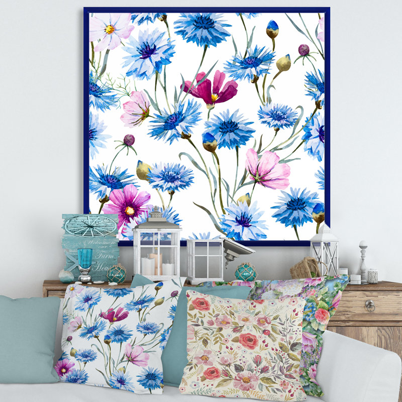 Bleu et rose, bleuet sauvage, reproduction sur toile, Toile encadrée bleu, H 30 po x l 30 po x P 1 po
