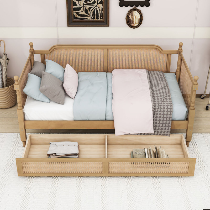 Wooden Daybed with Two Drawers and Slats, Twin, Antique Walnut
