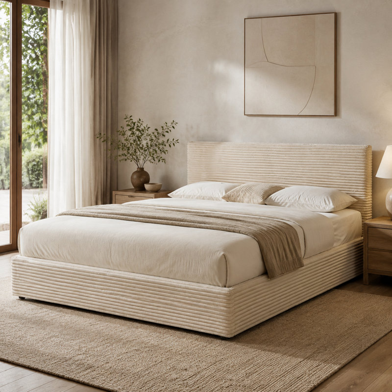 Lit beige King Size rembourré avec coffre hydraulique et système de levage, King, Beige