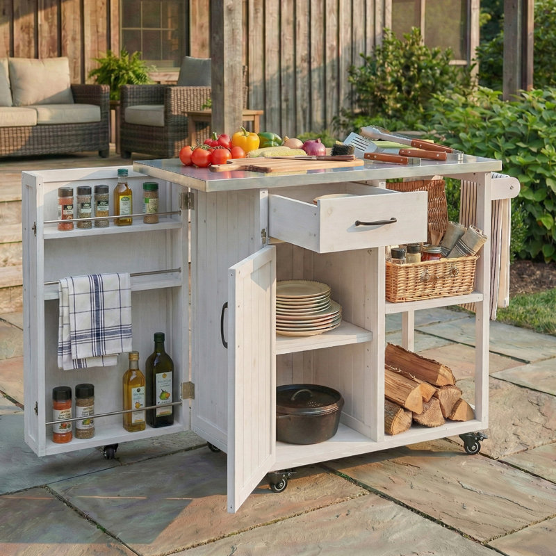Outdoor Kitchen Island Fir Wood Prep Station Lockable Kitchen Cart with Stainless Top, Ample Storage Space, Towel and Spice Racks for Patio and Outdoor