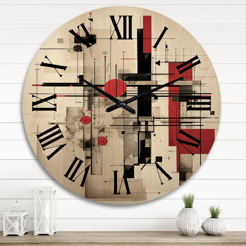 Illustration rétro rouge et bleue - Horloge murale moderne surdimensionnée en bois géométrique, Très grand