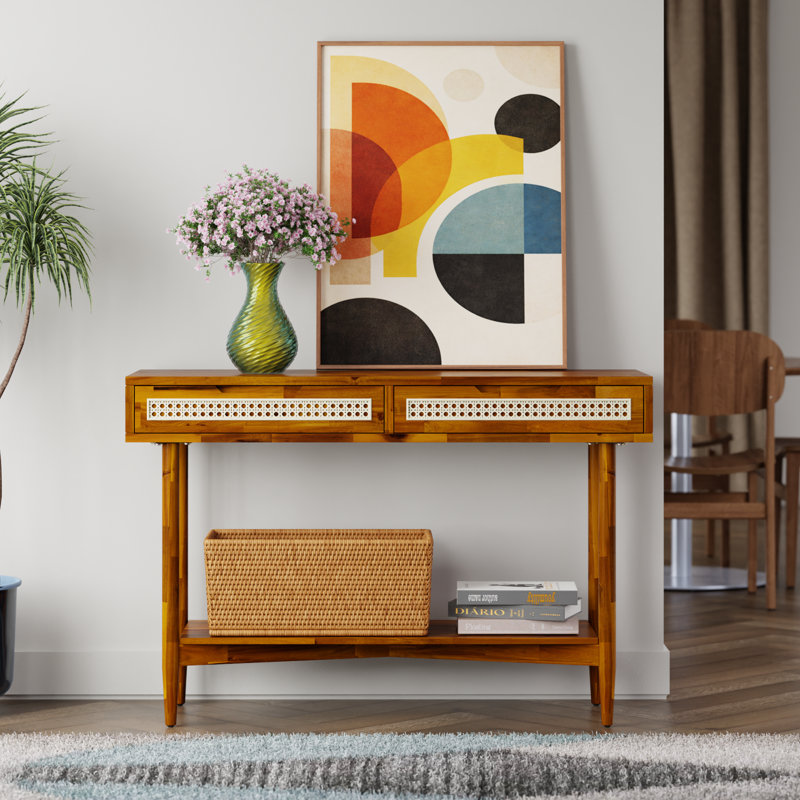  Console de style Mid-Century en bois avec 2 tiroirs Oliver, Caramel