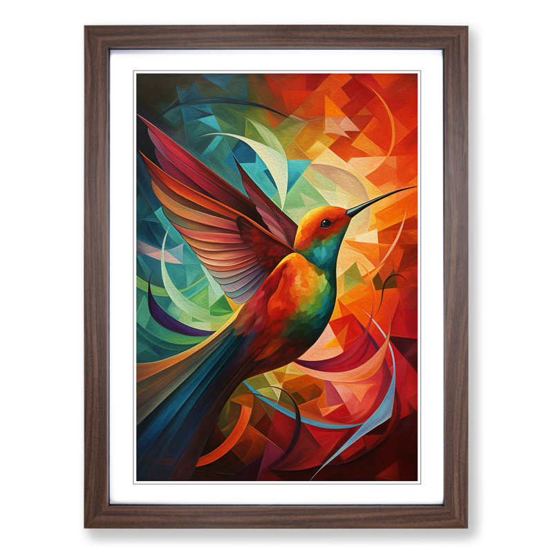 Hummingbird Cubism - Single Picture Frame Print on Wood, Walnut, 46cm H x 34cm W x 2cm D