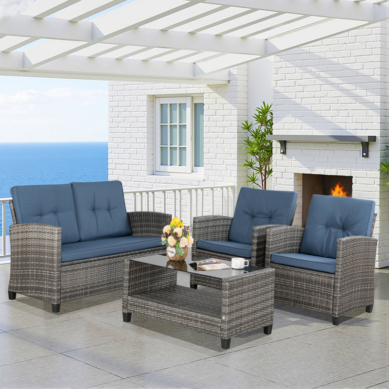 4 Piece  Rattan Sofa Seating Group with Cushions, Blue