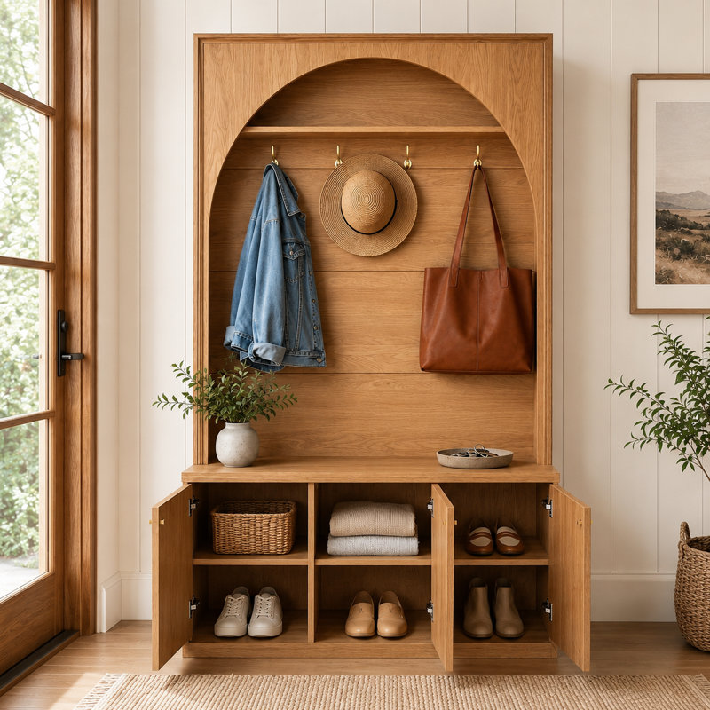 Portemanteau arqué avec banc de rangement et armoire à chaussures à 3 portes, ensemble anti-basculement inclus, tablettes réglables