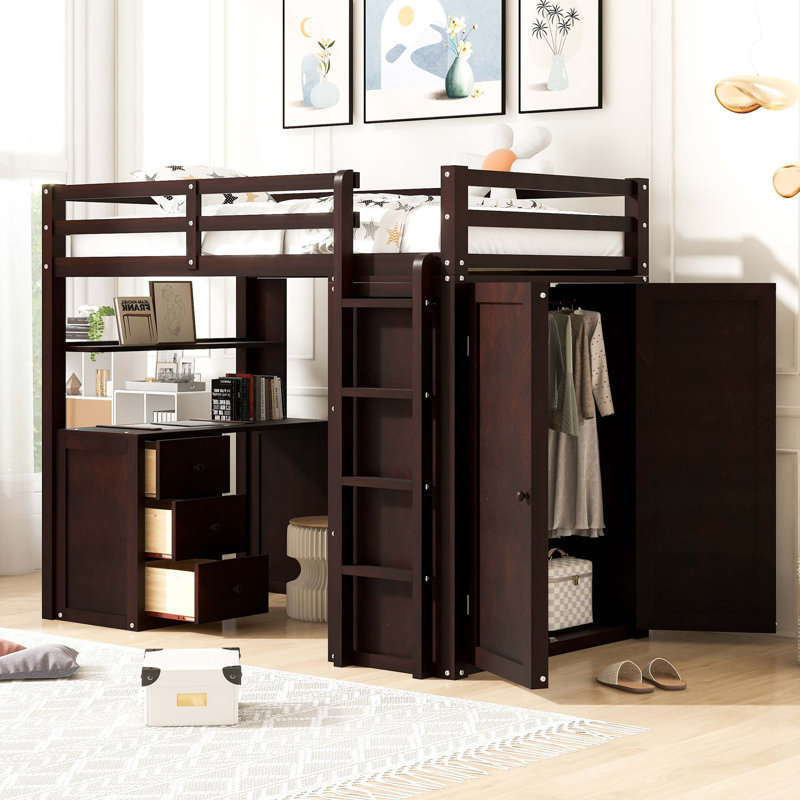 Lit mezzanine simple avec tiroirs, bureau et garde-robe espresso, Lit simple, Espresso