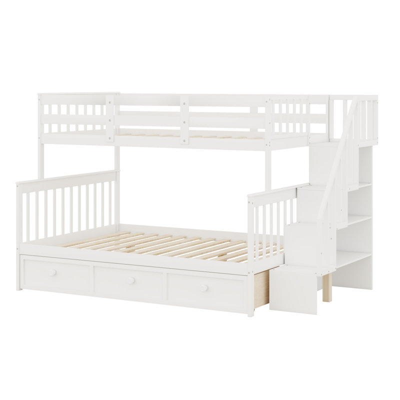 Lit superposé d'escalier avec tiroir, rangement et barrière de sécurité pour chambre à coucher, dortoir, pour adultes, Blanc