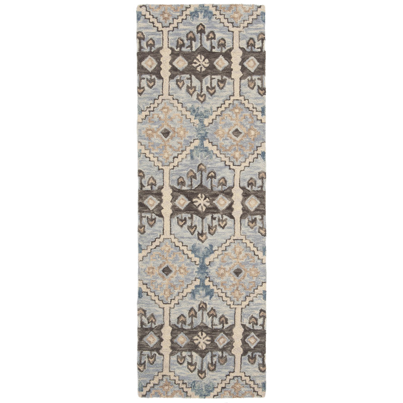 Tapis bleu clair / crème en laine touffeté à la main Posada, Tapis de couloir 2 pi 3 po x 7 pi