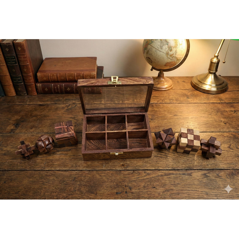 Ensemble de jeux de casse-tête en bois faits à la main 6 en 1 - bois et verre indien de qualité supérieure, collection de jeux éducatifs pour la famille et boîte-cadeau décorative, 7 po