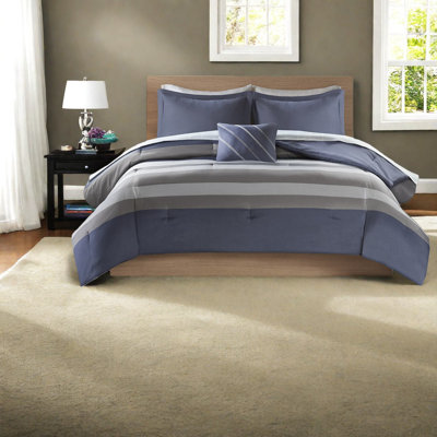Ensemble de literie à rayures simple moderne, édredon en polyester avec draps, motif bleu et gris pour la chambre à coucher