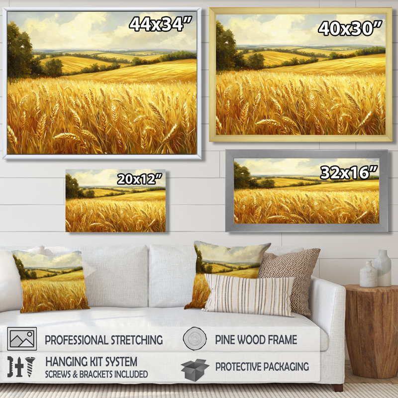 Paysage champêtre doré dans la lumière de l'été III - Art mural campagne, H 34 po x l 44 po, Cadre flottant, Doré