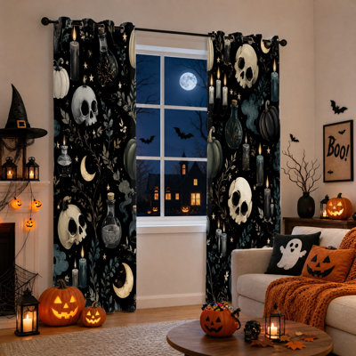 2Pcs Halloween Blackout Curtains, Skull Pumpkin Candle Print Room Darkening Window Drapes, Thermal Insulated Soft Fabric Curtain Panels for Living Room Bedroom Home Decor