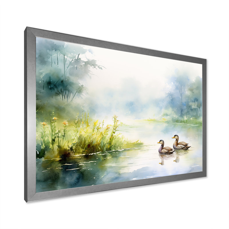Canards qui nagent à l'aquarelle d'un étang printanier, Cadre simple argenté, H 24 po x l 32 po x P 1 po
