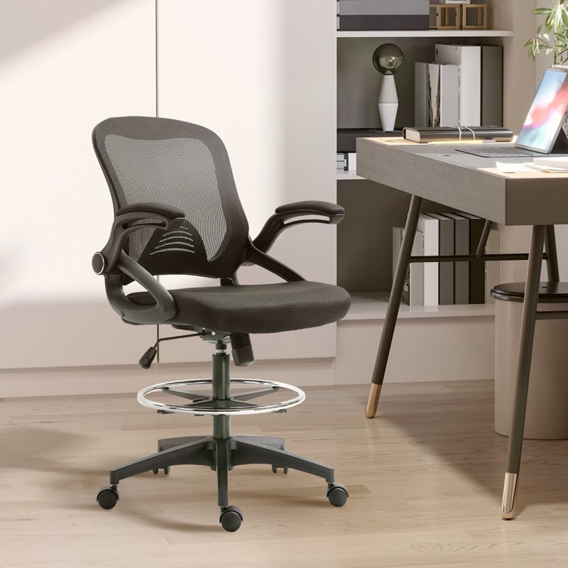 Chaise de dessinateur en filet, chaise de bureau haute avec support lombaire, accoudoirs rabattables, repose-pieds et hauteur de siège réglable