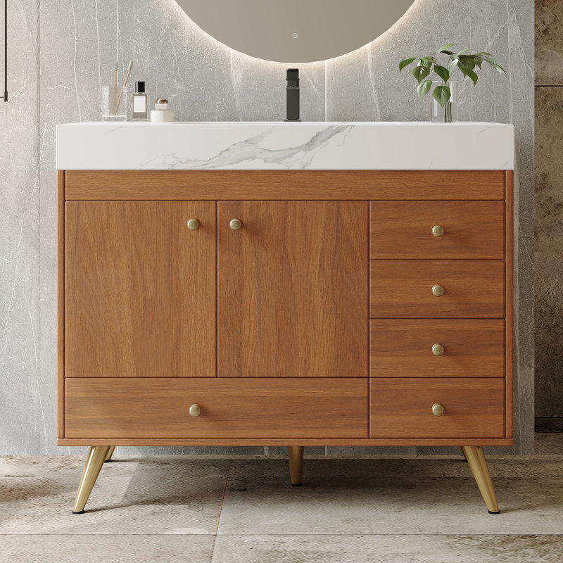 Meuble-lavabo autoportant 36 po avec comptoir en faux marbre, lavabo en céramique, 5 tiroirs et pieds en acier inoxydable