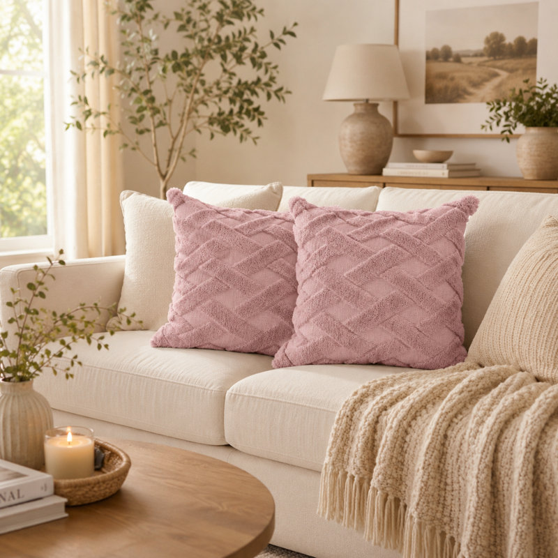 Ensemble de 2 housses décoratives en peluche 18 po pour salon et chambre à coucher, Rose