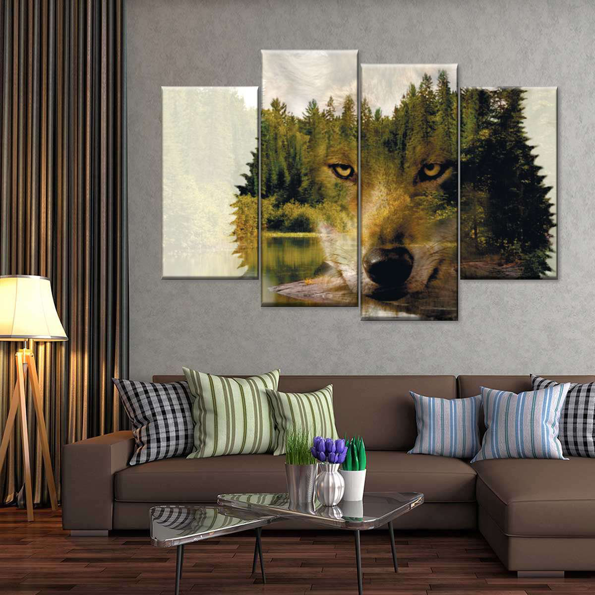 Millwood Pines Wolf Abstract Forest Wolf On Canvas 4 Pieces Print | Wayfair