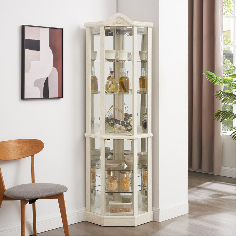 Lighted Glass Display Cabinet Corner Curio Cabinet with Adjustable Shelves Carved Decoration Wine Cabinet Perfect for Home or Office Use