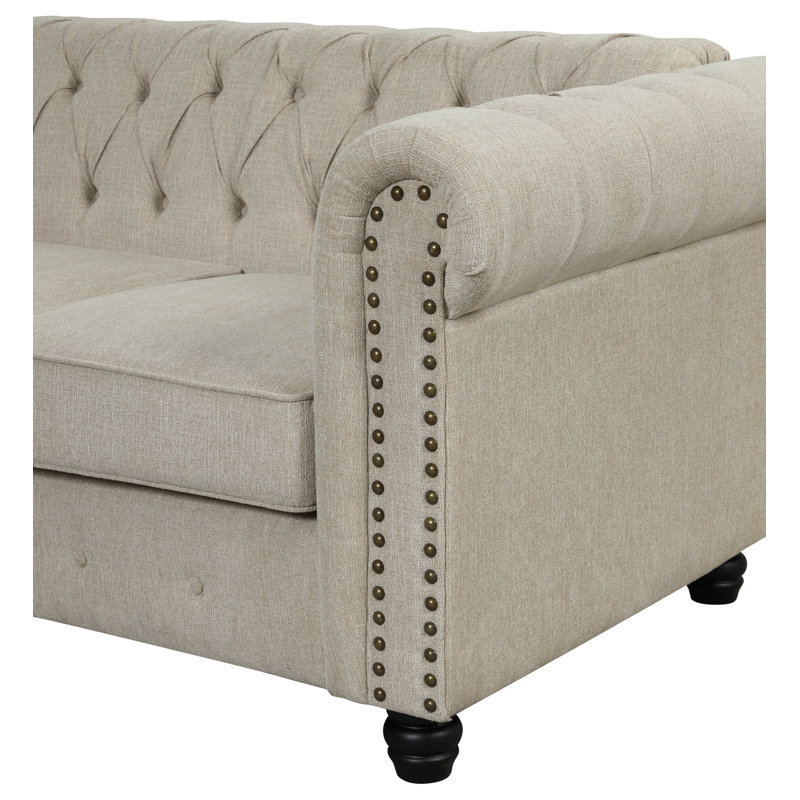Causeuse Chesterfield à accoudoirs roulés 61 po Leite, Mélange de lin beige