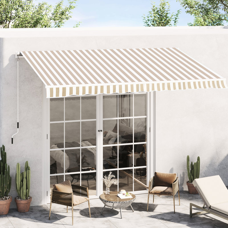 Auvent rétractable 12 'x 10' pour balcon - protégé, eau, manivelle manuelle, structure en aluminium, patio beige et blanc et tissu opéré, tissu 280G / M, balcon, cour