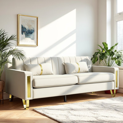 Solid Wood Frame 3 Seater Sofa with Compressed Seat Cushions, Modern Upholstered Couch for Living Room