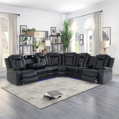 LULUU 3-Pieces 210" Breathing Leather Power Reclining Theater Sectional With LED Lighting (Set of 3)
