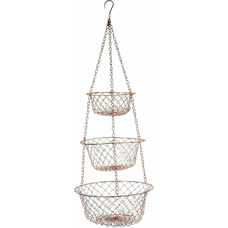 3-Tier Copper Kitchen Hanging Fruit Baskets, 32 Inches