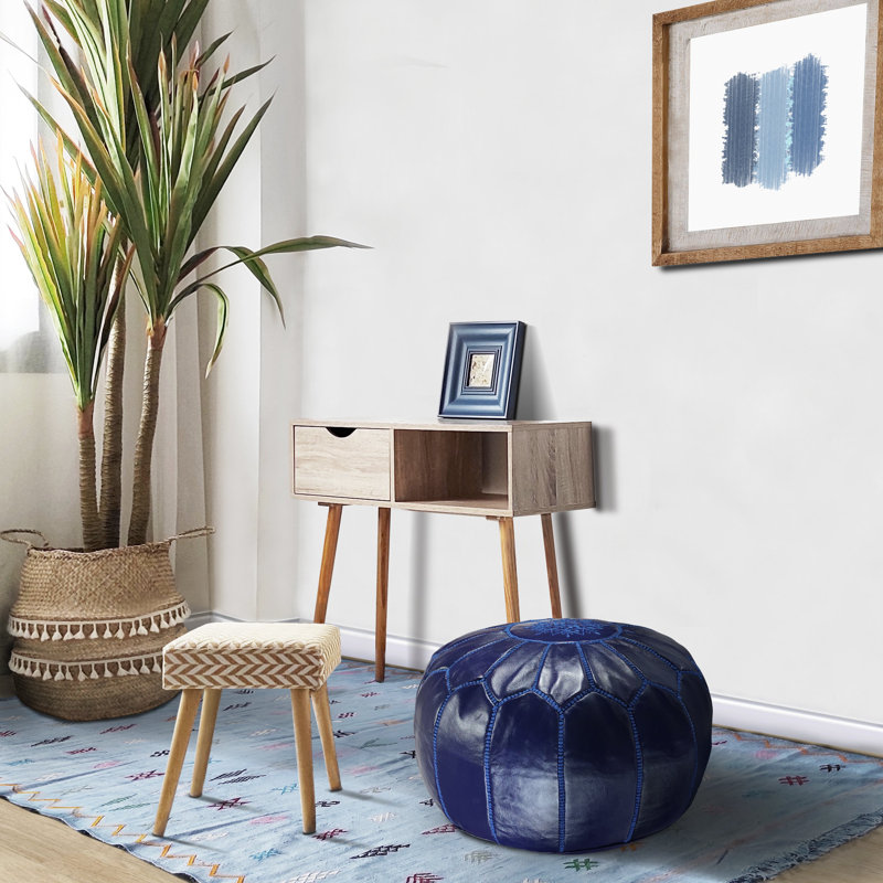 Leather Pouf, Navy Blue Genuine Leather