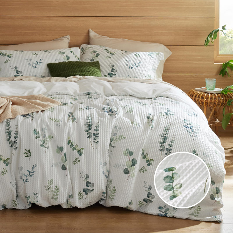 Housse de couette 100% coton tissée gaufrée, Housse de couette grand + 2 taies décoratives sta