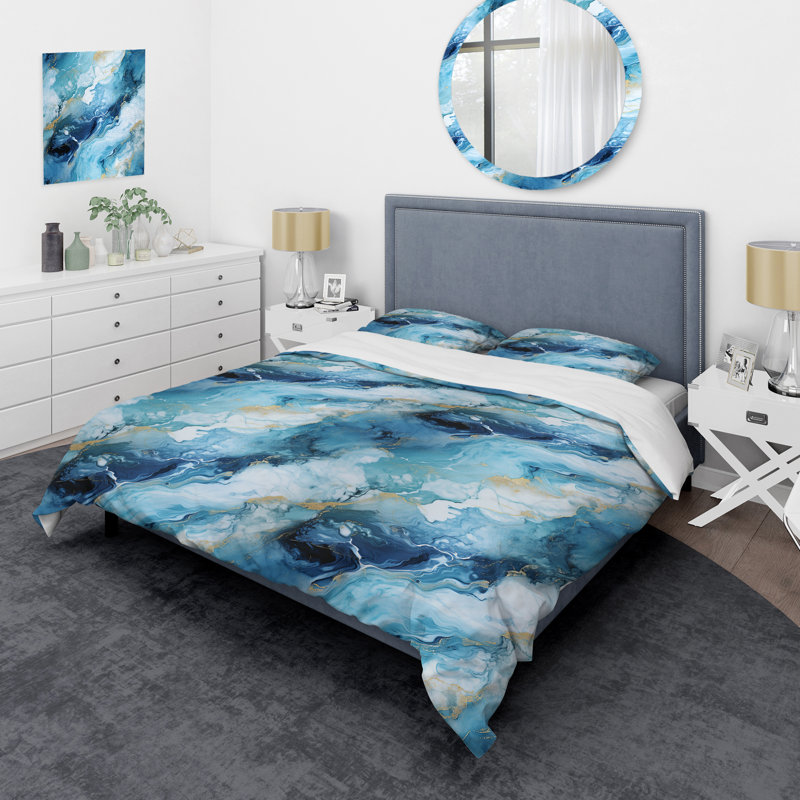 Literie côtière en marbre bleu côtier élégant, Housse de couette simple + 1 taie décorative stan