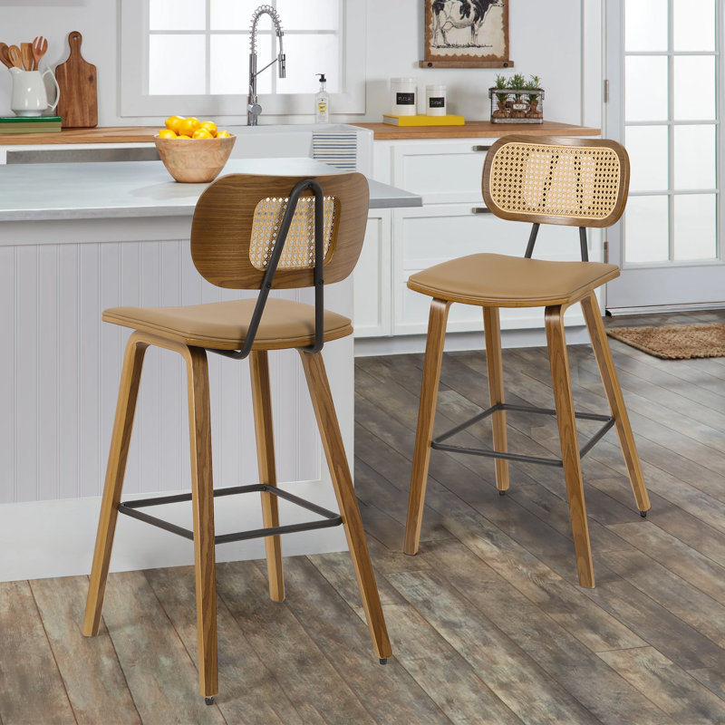 26" Modern Upholstered Low Back Rattan Wood Counter Height Stool, Brown, Brown