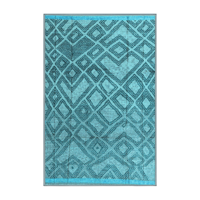 Tapis bleu géométrique en laine et en polyester tissé à la machine 5 pi x 7 pi