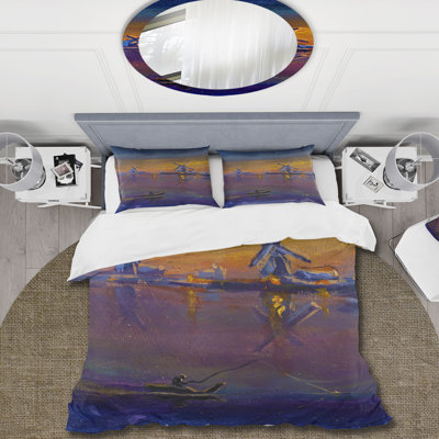 Soirée pêche contre le moulin à vent traditionnel - ensemble de housse de couette nautique - microfibre de polyester