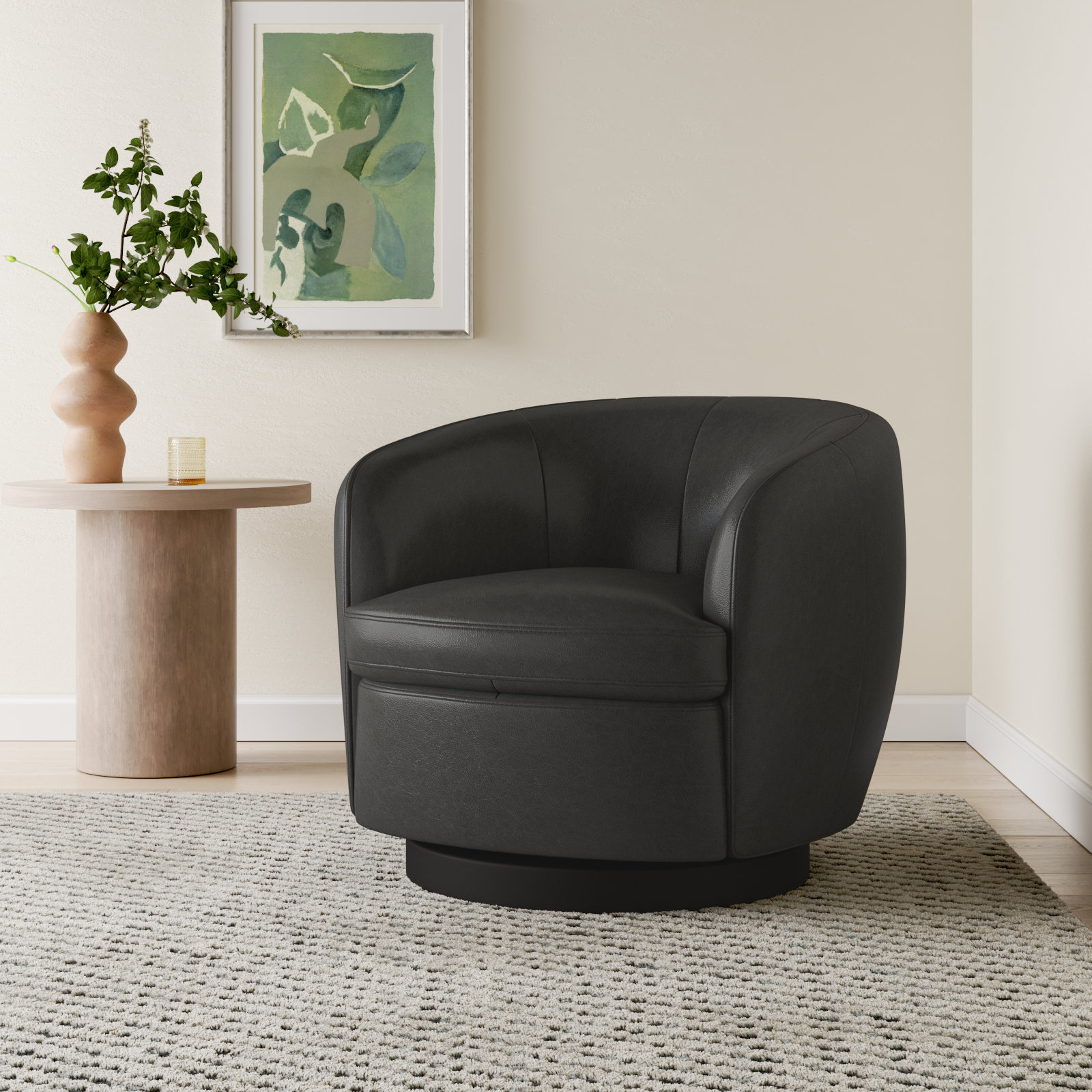 Marcy Genuine Leather Swivel Barrel Chair, Marseille Black Top Grain Leather