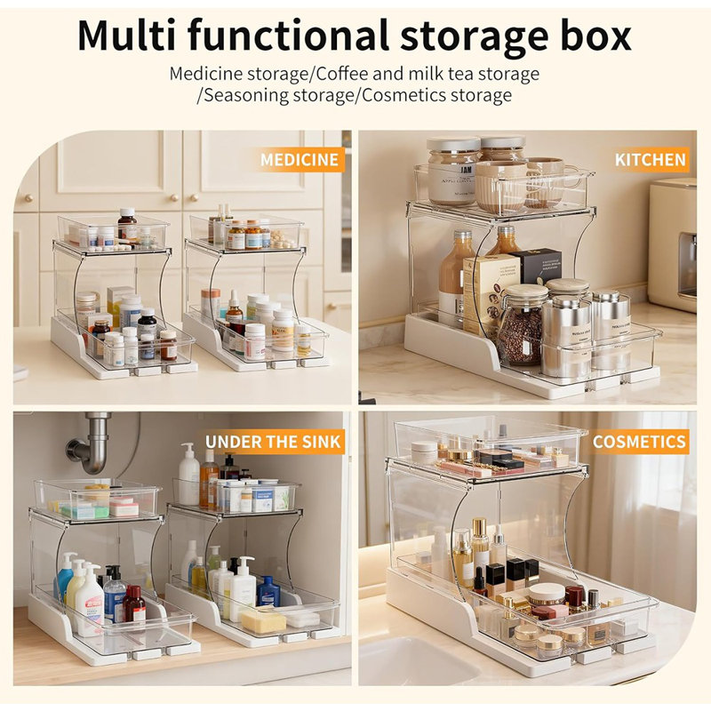 Ensemble de 1 sous-évier coulissant à 2 niveaux - Support de garde-manger rotatif transparent pour armoires de cuisine et de salle de bain